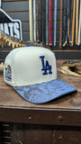 CUSTOM DODGER BLUE / OFF WHITE EXOTIC LEATHER 🐍 SNAPBACK HAT 💯 ORIGINAL EL PLEBE HATS EXCLUSIVE 🔥