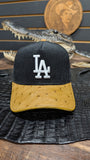 CUSTOM BLACK LA DODGERS IN PEANUT BUTTER 🥜 OSTRICH LEATHER SNAPBACK HAT 💯 ORIGINAL