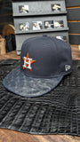 CUSTOM H-TOWN NAVY BLUE OSTRICH LEATHER SNAPBACK HAT EL PLEBE HATS EXCLUSIVE 🔥