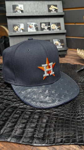 CUSTOM H-TOWN NAVY BLUE OSTRICH LEATHER SNAPBACK HAT EL PLEBE HATS EXCLUSIVE 🔥