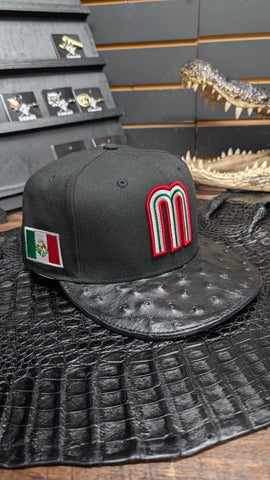 CUSTOM MEXICO BLACK OSTRICH LEATHER SNAPBACK HAT EL PLEBE HATS EXCLUSIVE 🔥